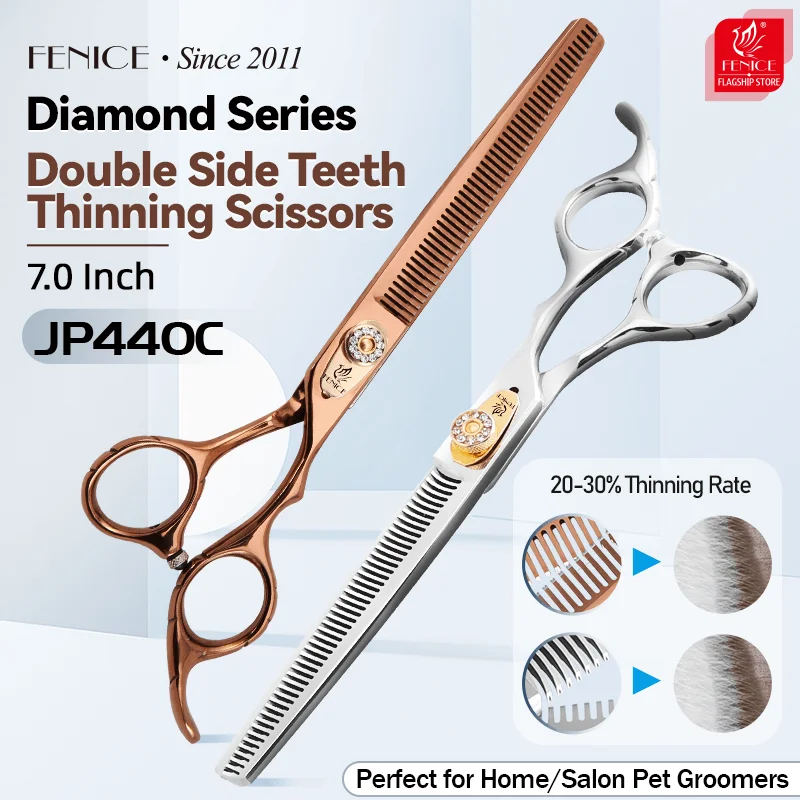 Fenice 7.0 inch Gold/Silver JP440C Pet Grooming Thinning Scissors Double Side Teeth Haircut Thinning 20%-30% for Dogs and Cats