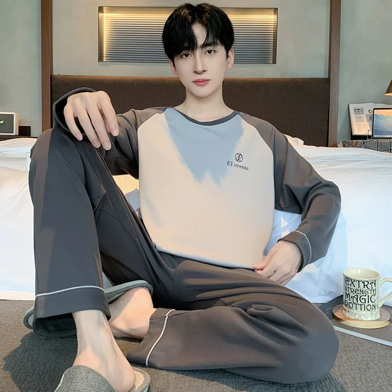 Men's Autumn Spring Sleepwear Set Long Cotton Loose Home Clothes Pants Large Size L-4XL Teenagers Comfortable Home Suit Dropship