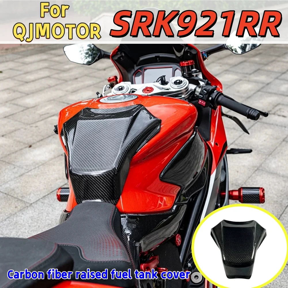 High-quality, stylish carbon fiber raised fuel tank cover—an aftermarket accessory for the QJMOTOR SRK921RR.