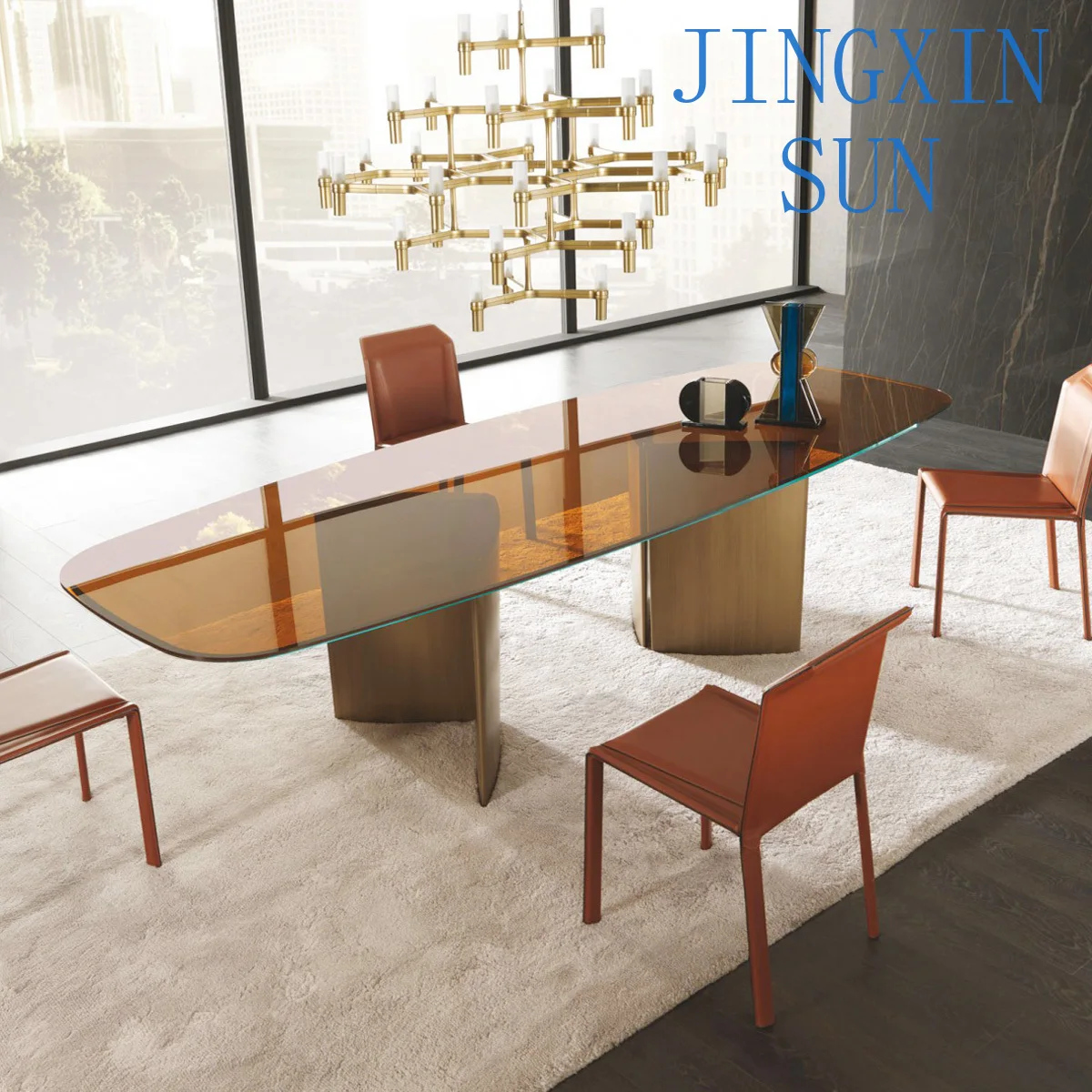 Dining table light luxury stainless steel tempered glass household rectangular conference table