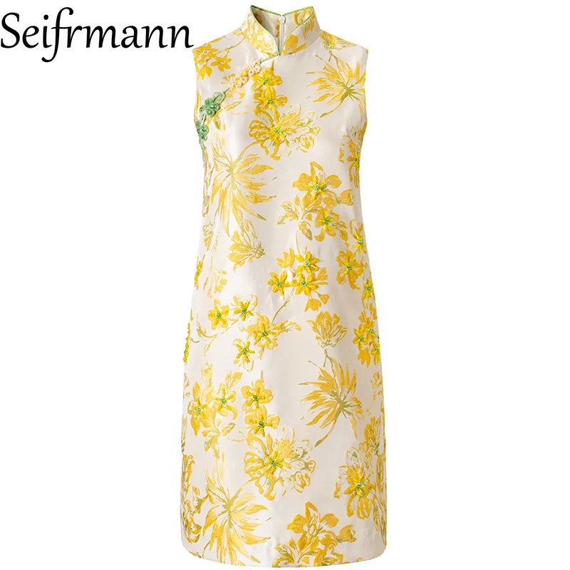 Seifrmann 2026 Summer Women's New Fashionable Stand up Collar Sleeveless Nail Bead Printed Chinese Dress