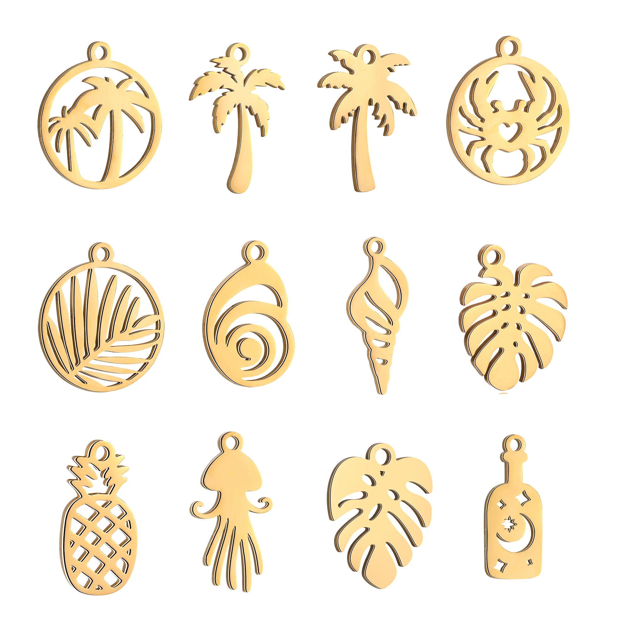 5Pcs Tropical Hawaii Palm Tree Charms Stainless Steel Conch Pendants DIY Jewelry Supply Necklace Bracelet Dangle Jewelry Making