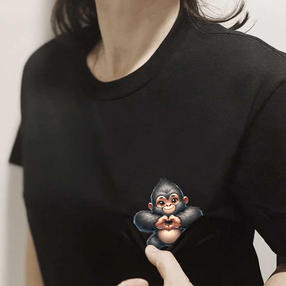 CLOOCL Animals Cotton T-Shirts Cute Gorilla Hand Heart Gesture Printed Pocket T-shirt Women Short Sleeve Shirts Hip Pop Tops