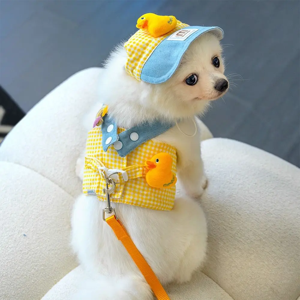 3 Pcs/Set Breathable Fabric Pet Traction Rope Set Cute Hat Duck Frog Design Dog Leash Puppy Clothes Outgoing Cat Chest Harness