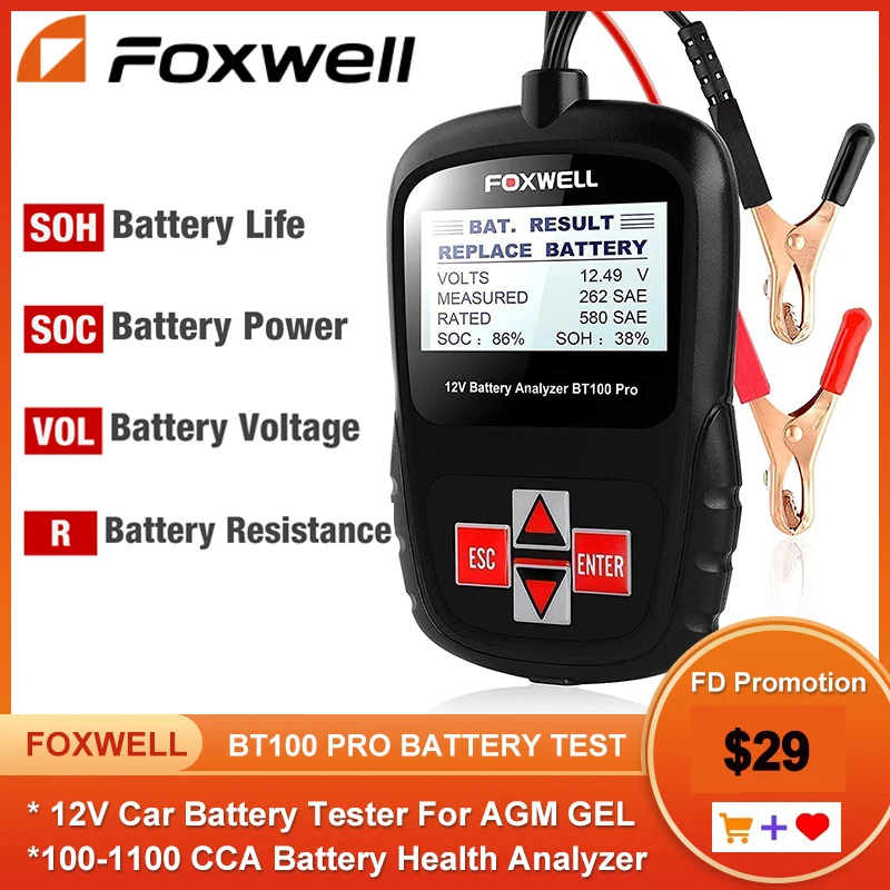 

Прибор для диагностики автомобильных аккумуляторов FOXWELL BT100 Pro, 12 В, 1100CCA