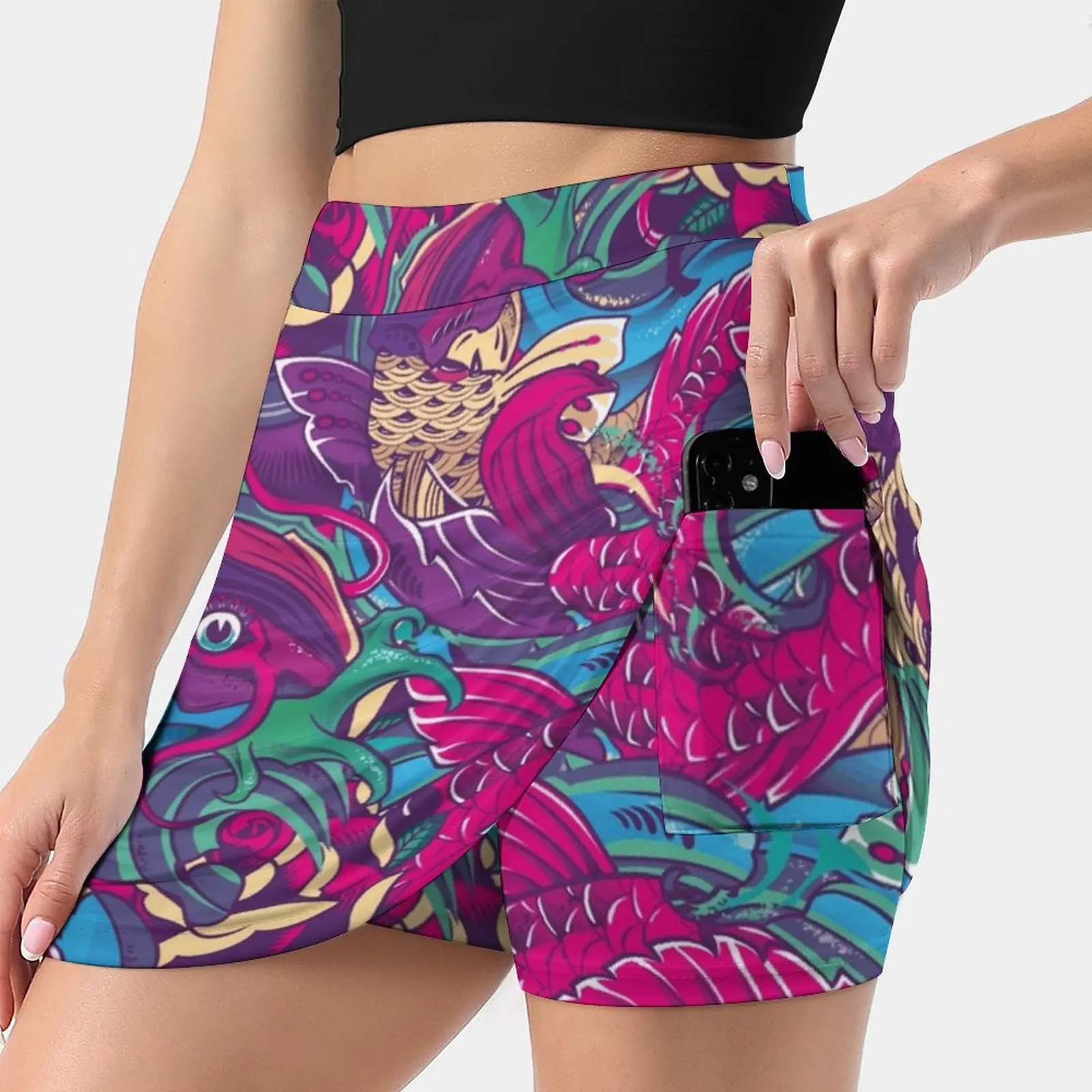 Koi Trending Fashion Skirt Summer Printed Women Sport Skirts Double-Layer Athletic Koi Fish Tatttoo Animal Colors Vector