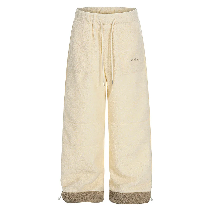 American Splicing Color-Block Lamb Wool Cotton Women's Trousers Autumn Winter Loose Thickened Warm Wide-Leg Straight Pants Girl