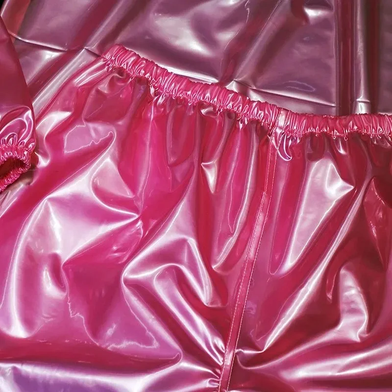 Man Sexy Pink PVC High Gloss Pullover Trousers Set Women Soft Long Sleeved Round Neck Shirt Lantern Pants ABDL Plastic Underwear