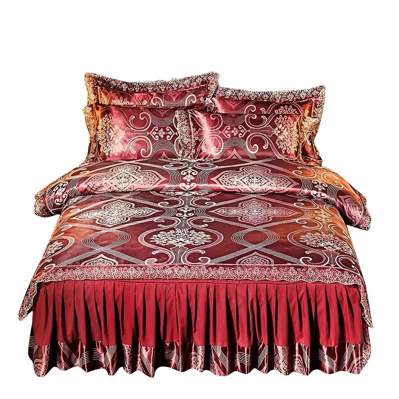 RainFire-Parure de lit en satin jacquard, couvre-lit en dentelle quatre pièces, jupe de lit de luxe, style nordique, roi, reine, ensemble de literie