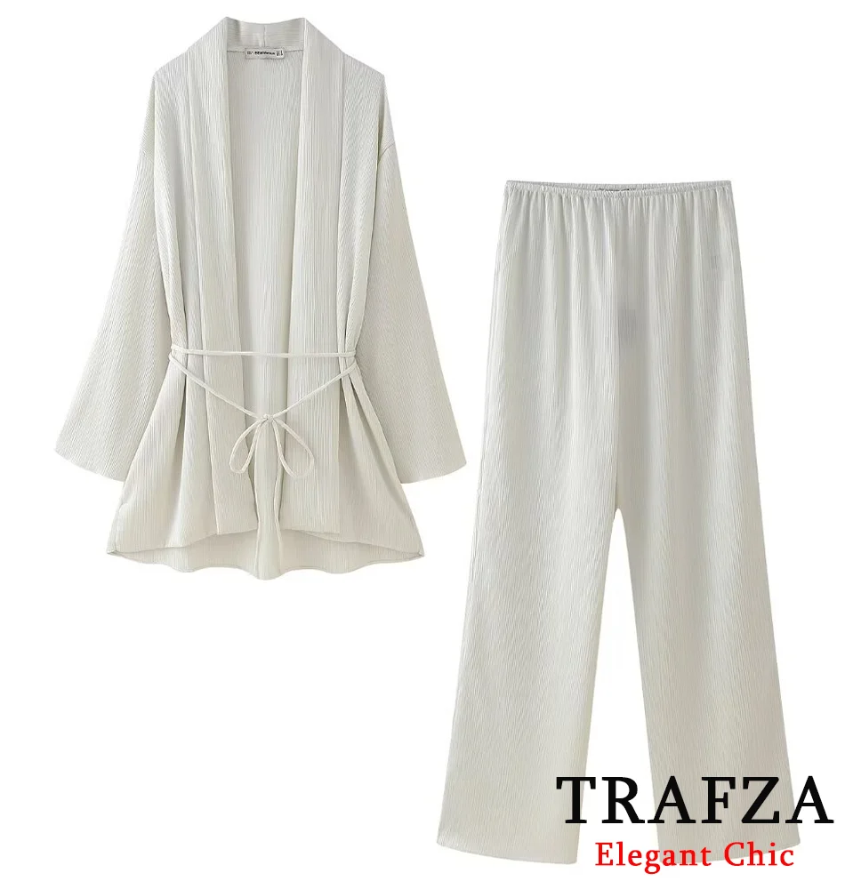 TRAFZA Luxury Casual Waist Tie Pleated Long Coat Set New 2024 Spring Fasion Vacation Kimono Pant Set Lapel Coat and Pant