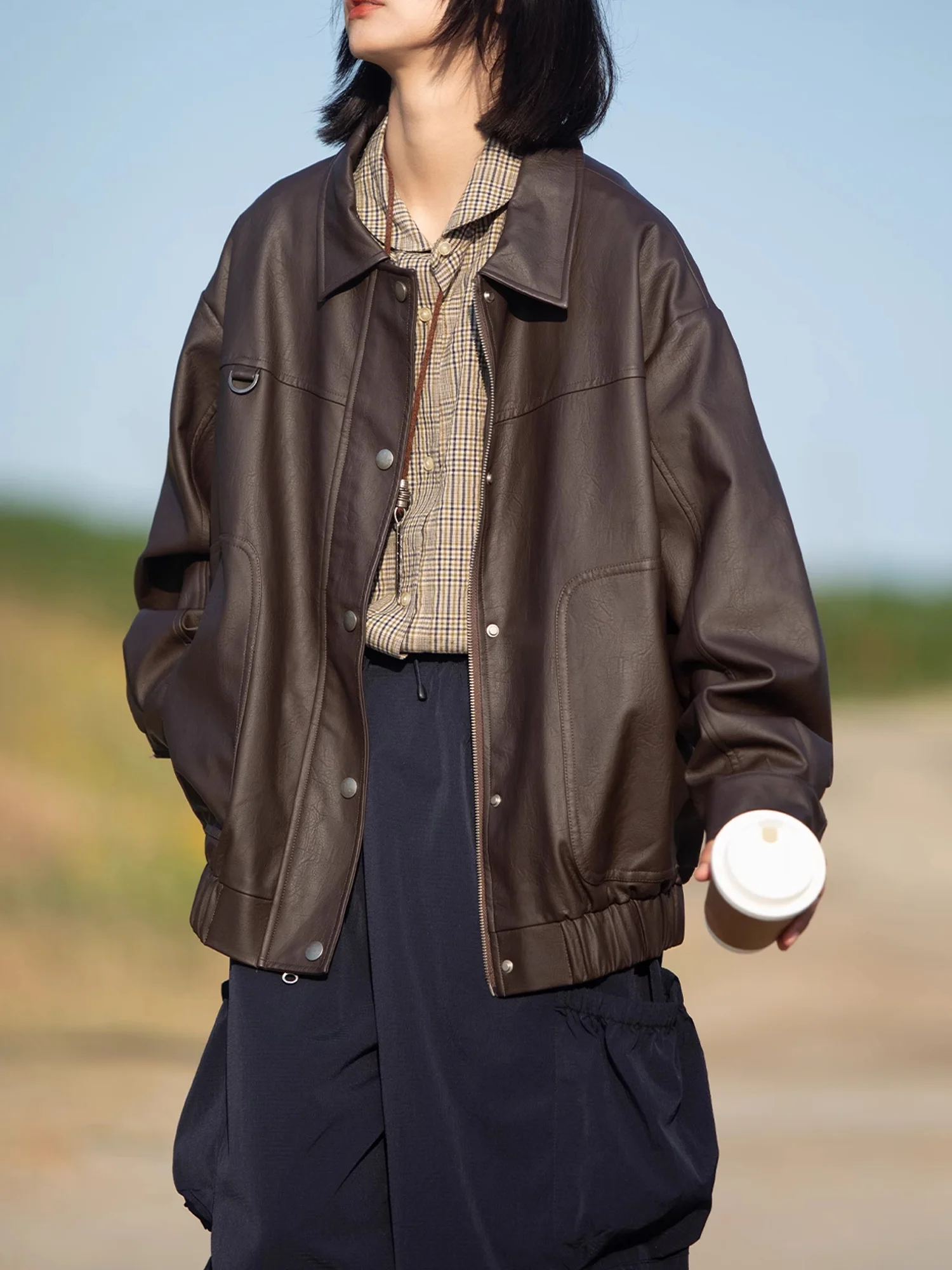 الرجعية اليابانية الشارع Sle الخريف Jaet التخسيس تصميم معطف جلد المرأة Faionable مستقيم قطع طويلة Sve سستة