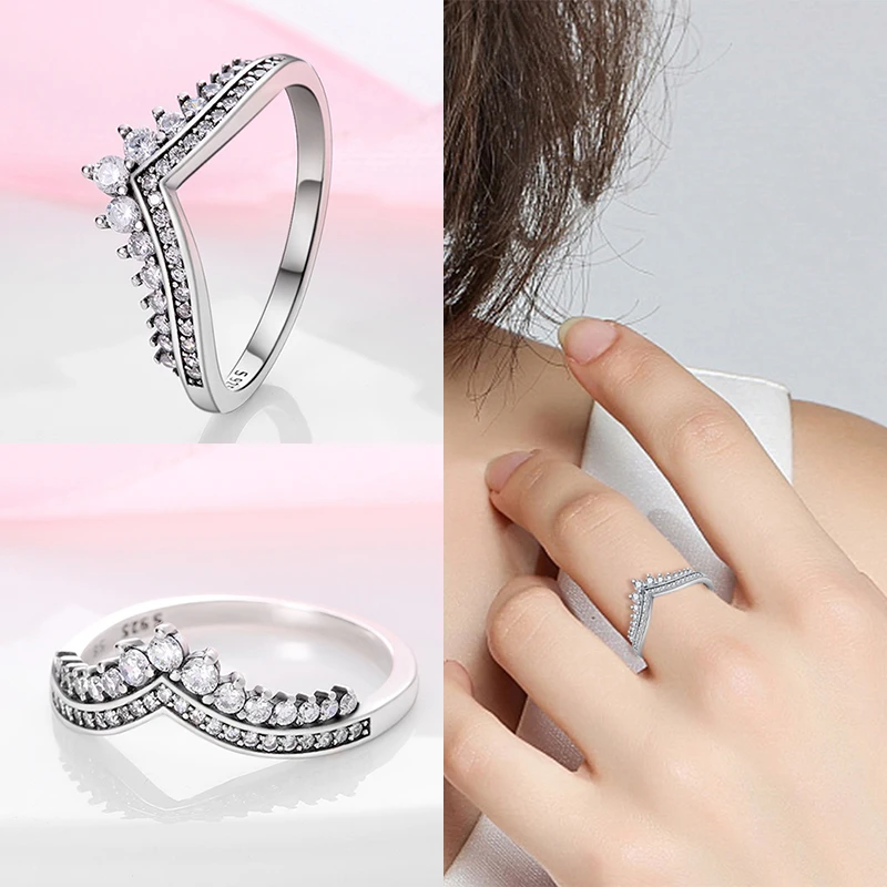 Anillos para mujer 100% Plata de Ley 925 corazón rosa corona estrella Luna copo de nieve anillos de circón joyería de boda de compromiso de moda