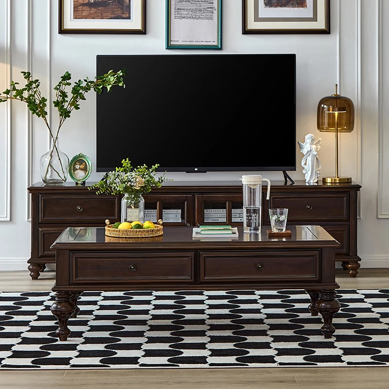 

Simple all-solid wood coffee table TV cabinet combination European retro small apartment rural home living room