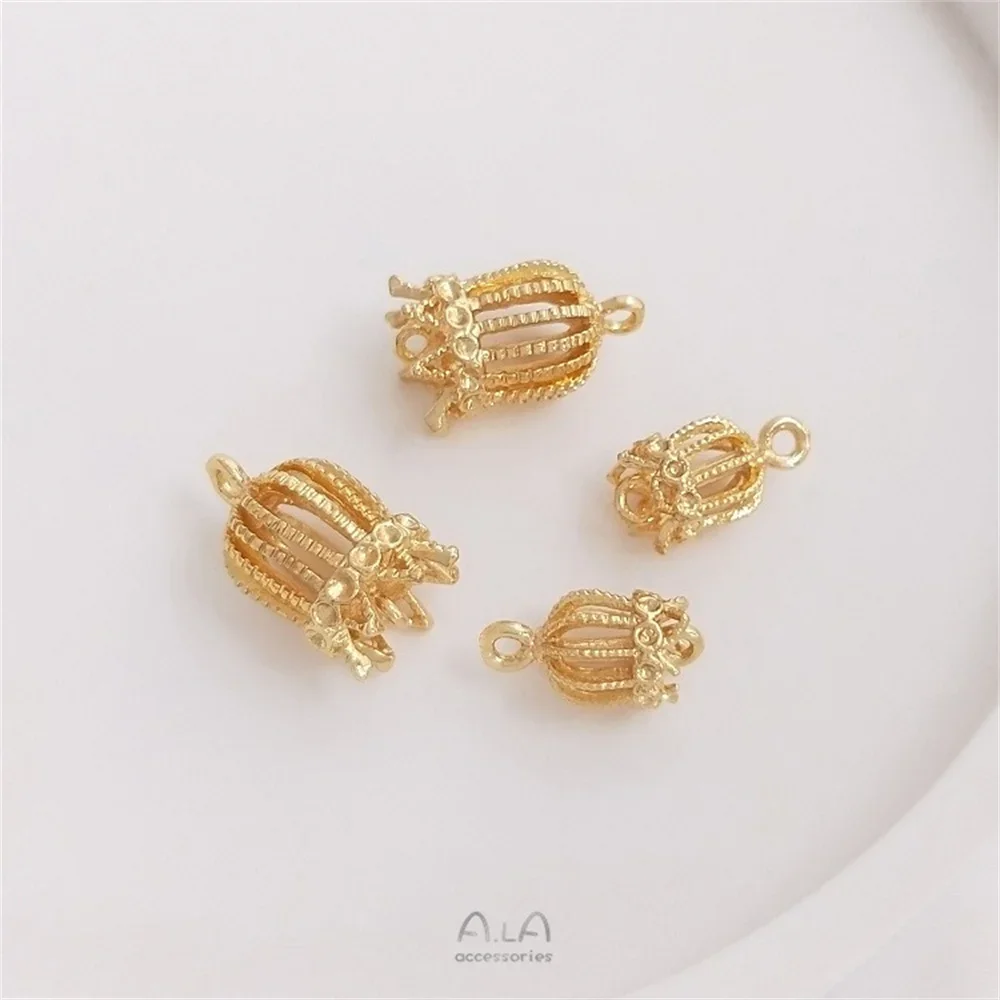 14K Gold-Color Tassel Flower Hat Copper Bird Cage DIY Handmade Earrings Hangings Hairpin Material Headdress Step Swing Pendant