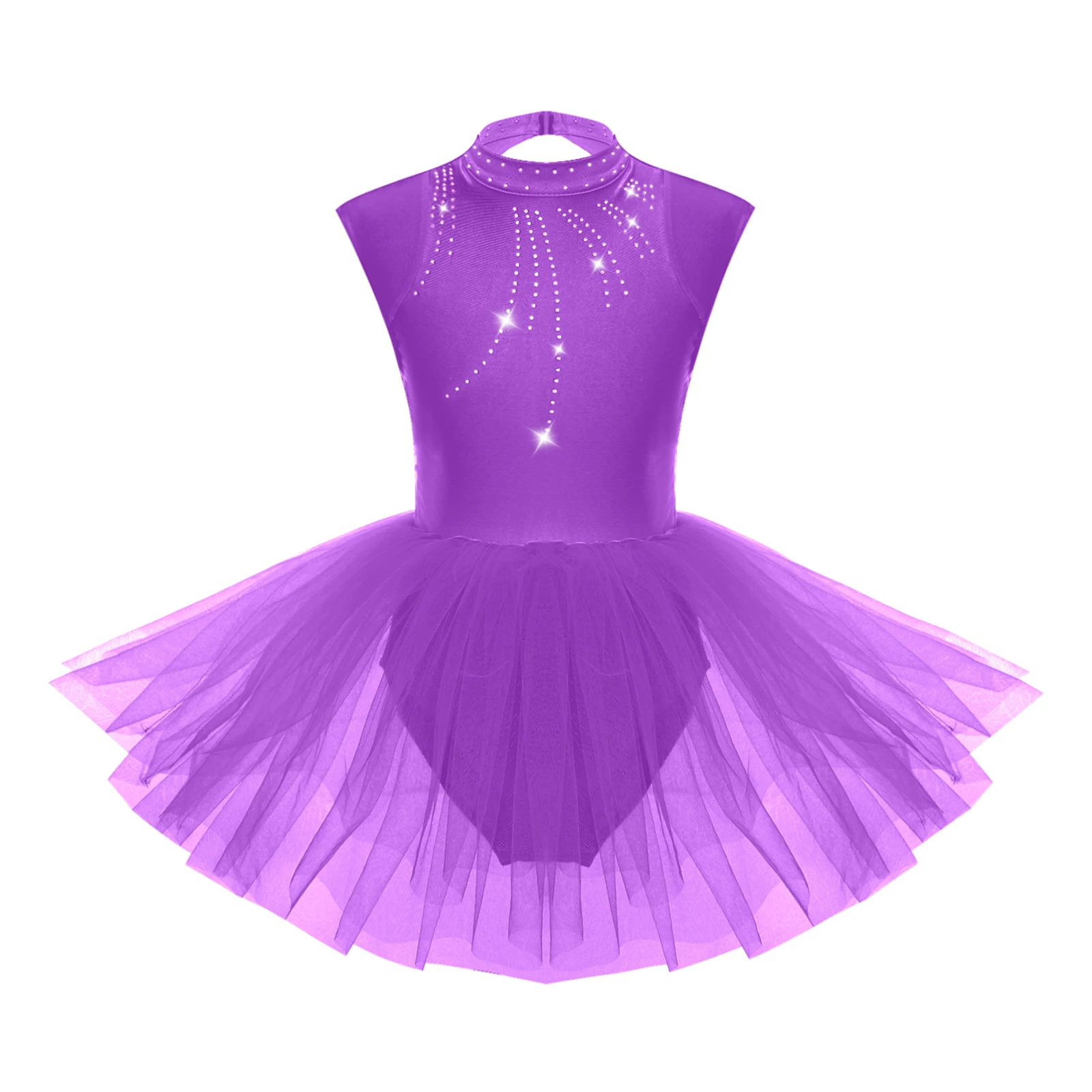 Kids Girls Ballet Tutu Dance Dresses Mock Neck Shiny Rhinestones Sleeveless Dress for Stage Performance Competition Dancewear