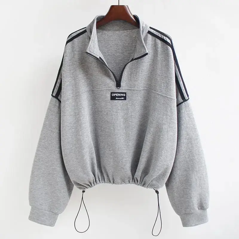 Spring Autumn New Striped Zipper Patchwork Loose T Shirts Long Sleeve Drawstring Casual Pullovers Vintage Fashion Women Clothing