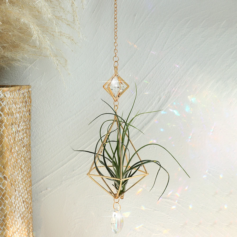 Gold Hanging Air Plant Holder Tillandsia Air Plants Hanger Geometric Himmeli Air Fern Display Planter with Crystal Home Decor