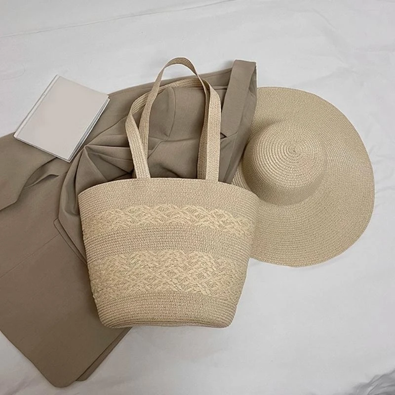 

652F Practical Straw Shoulder Bag for Women Large Capacity Handbag Outdoor Activity Purse for Nature Lover and