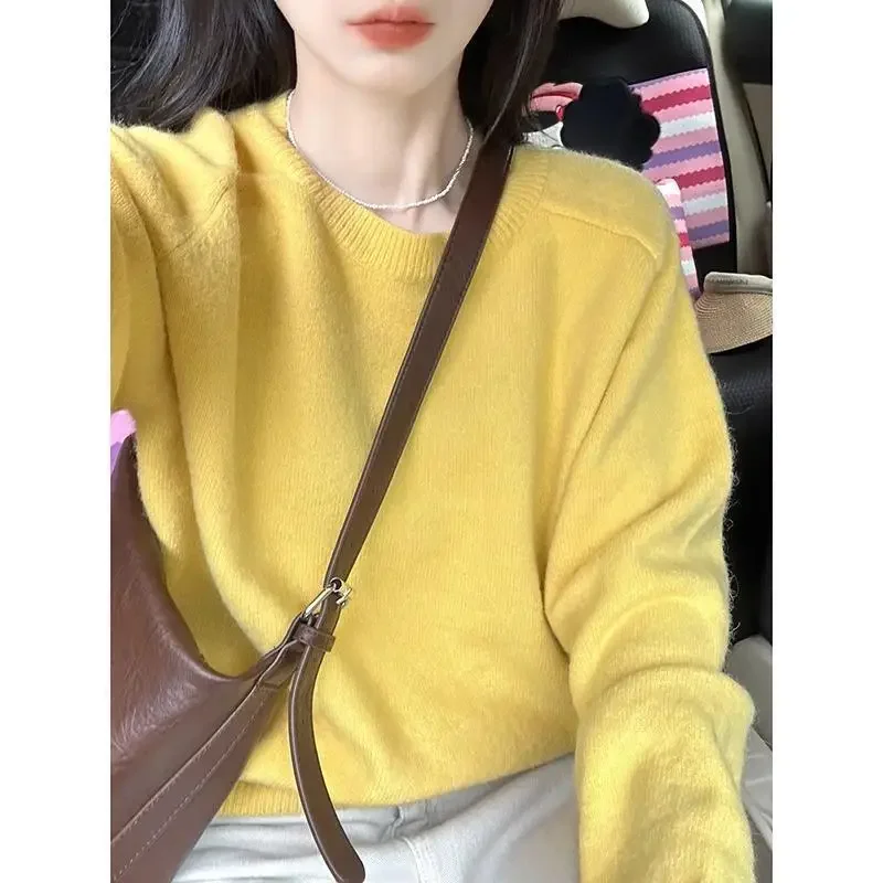 Women's Autumn Winter Knitted Sweater Crew Neck Pullover Yellow Soft And Supple Loose Fit Idle Style Absolutely Beautiful Unique