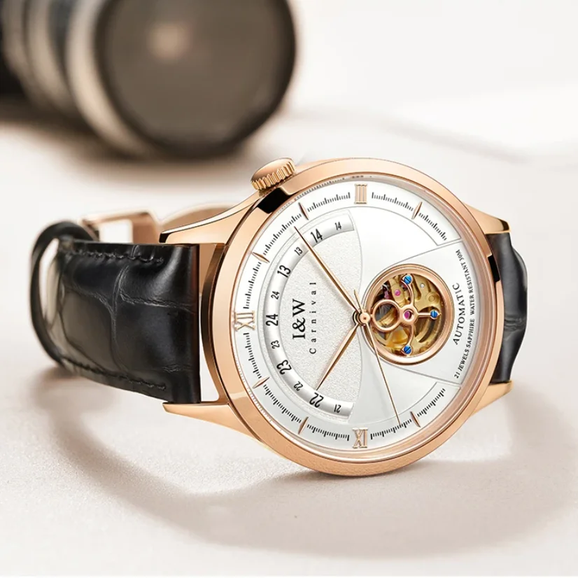 

Мужские автоматические часы I&W, роскошные механические наручные часы, скелетонизированный циферблат, водостойкий сапфировый кожаный ремешок, полукруглые весы