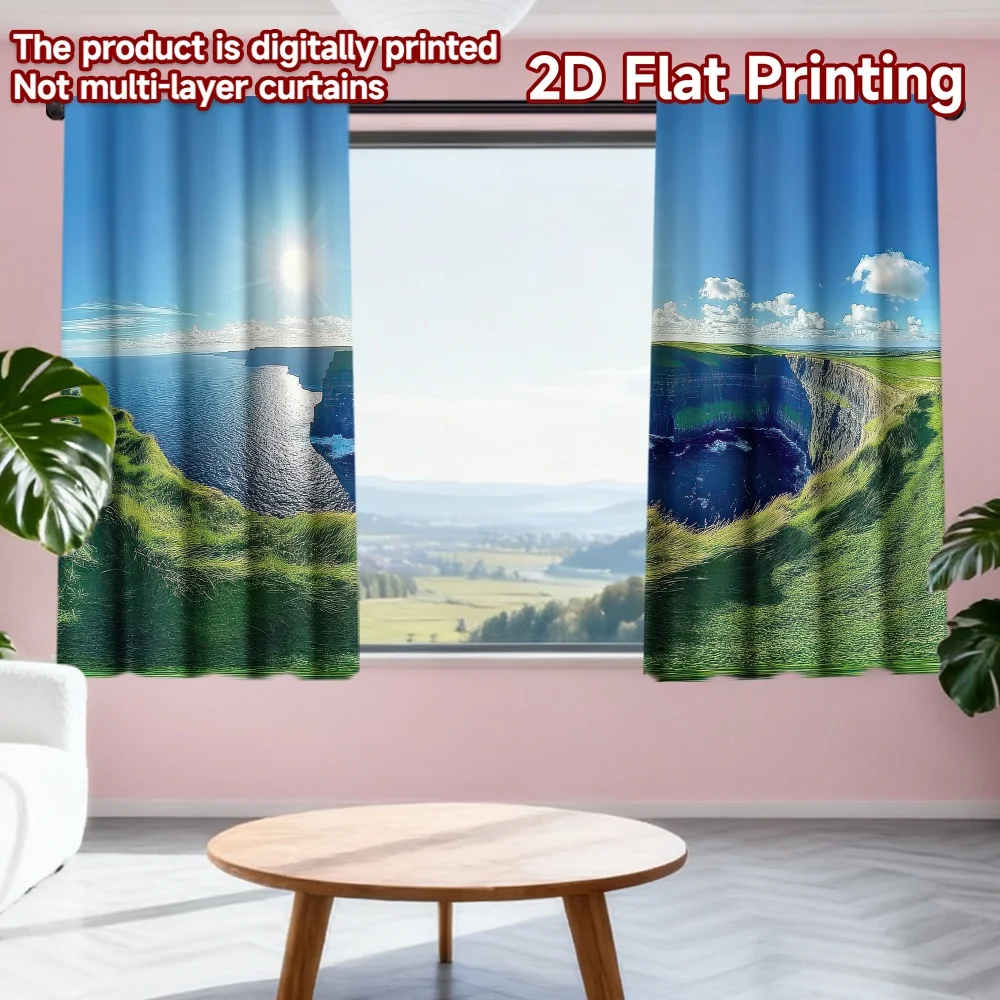 

2D flat printing 2pcs Curtain Sunny Cliffs by the Sea Digital Printed Polyester Drapes Family Party Decoration Perfect for Yard