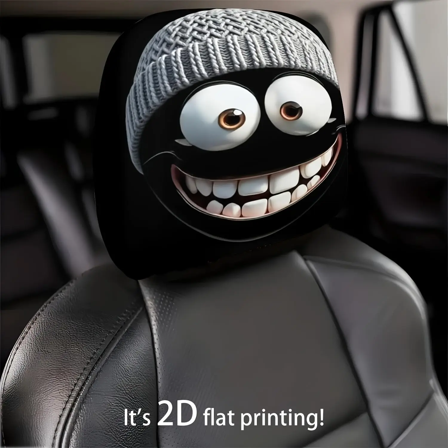 2pcs Smile Expression Cartoon Character Car Headrest Covers - Universal Fit Seat Protectors with Cushioned Support for Driver and Passenger - Easy Install Washable Auto Interior Accessories