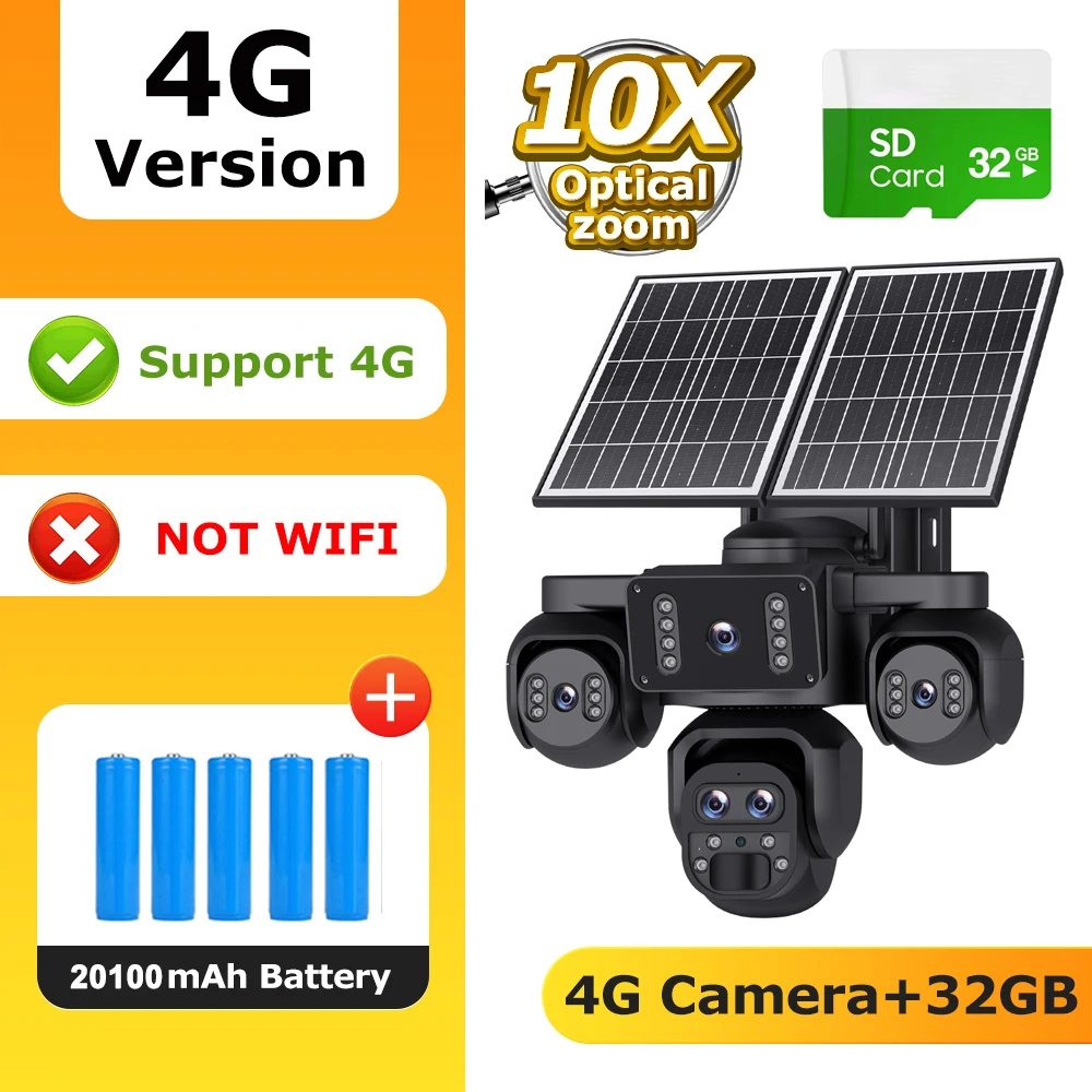 SHIWOJIA 20MP 10X ZOOM Camera Solar 4G SIM 5 Lenzen 4 Schermen Beveiliging 360° °   Automatische tracking-systemen voor thuisbewaking