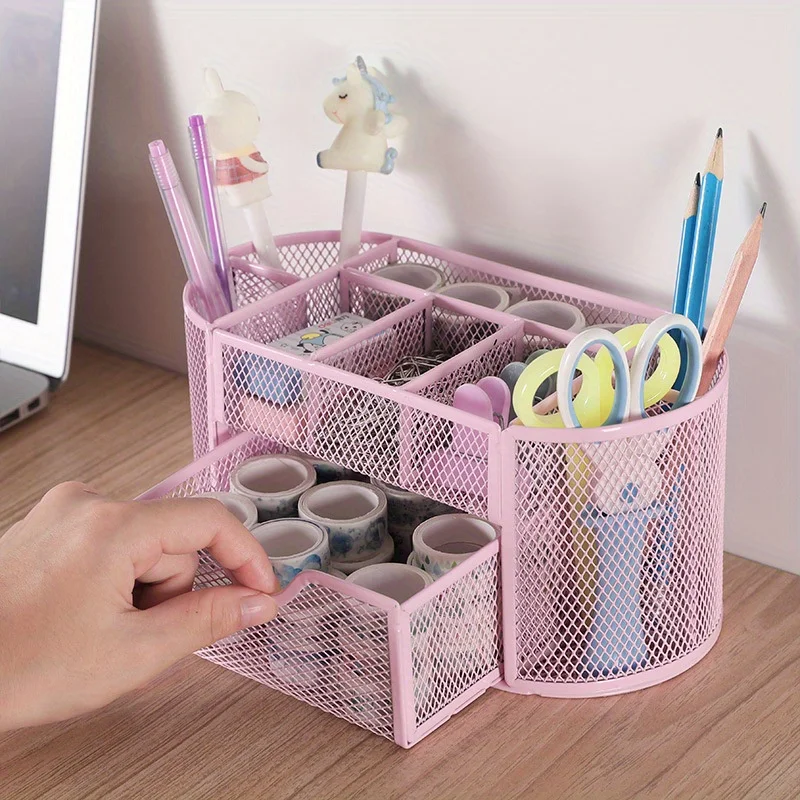 Pen Holder Large Capacity Metal Desktop Storage Box for Office and School Supplies