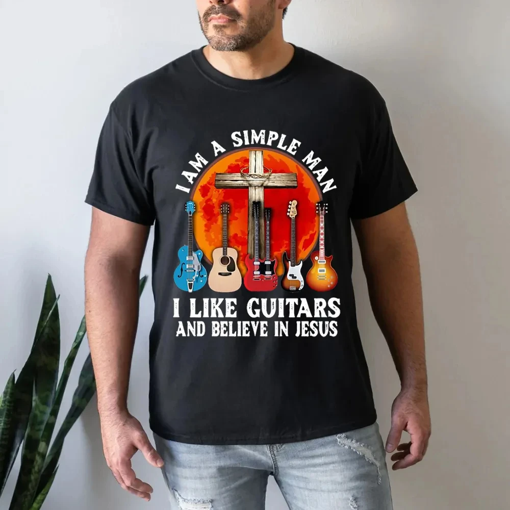 

Футболка I'm A Simple Man I Like Guitars and Believe in Jesus, мужские и женские хлопковые футболки с короткими рукавами, летняя блузка, одежда