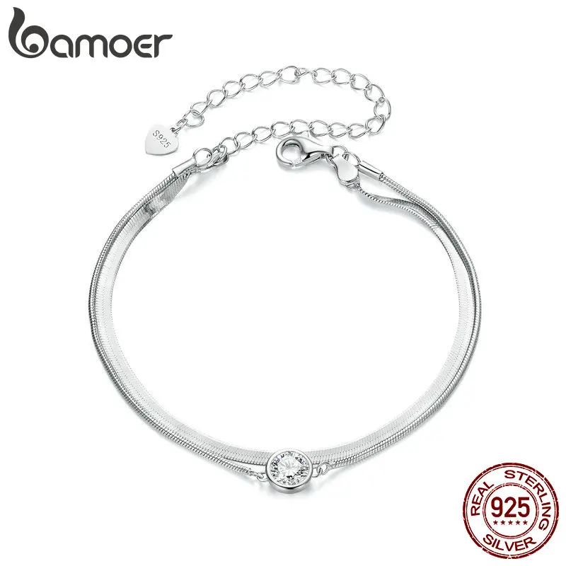 

BAMOER 0.5CT Moissanite Double-Layer Bracelet, 925 Sterling Silver White Gold Elegant Snake Chain Bracelet for Women MSB022