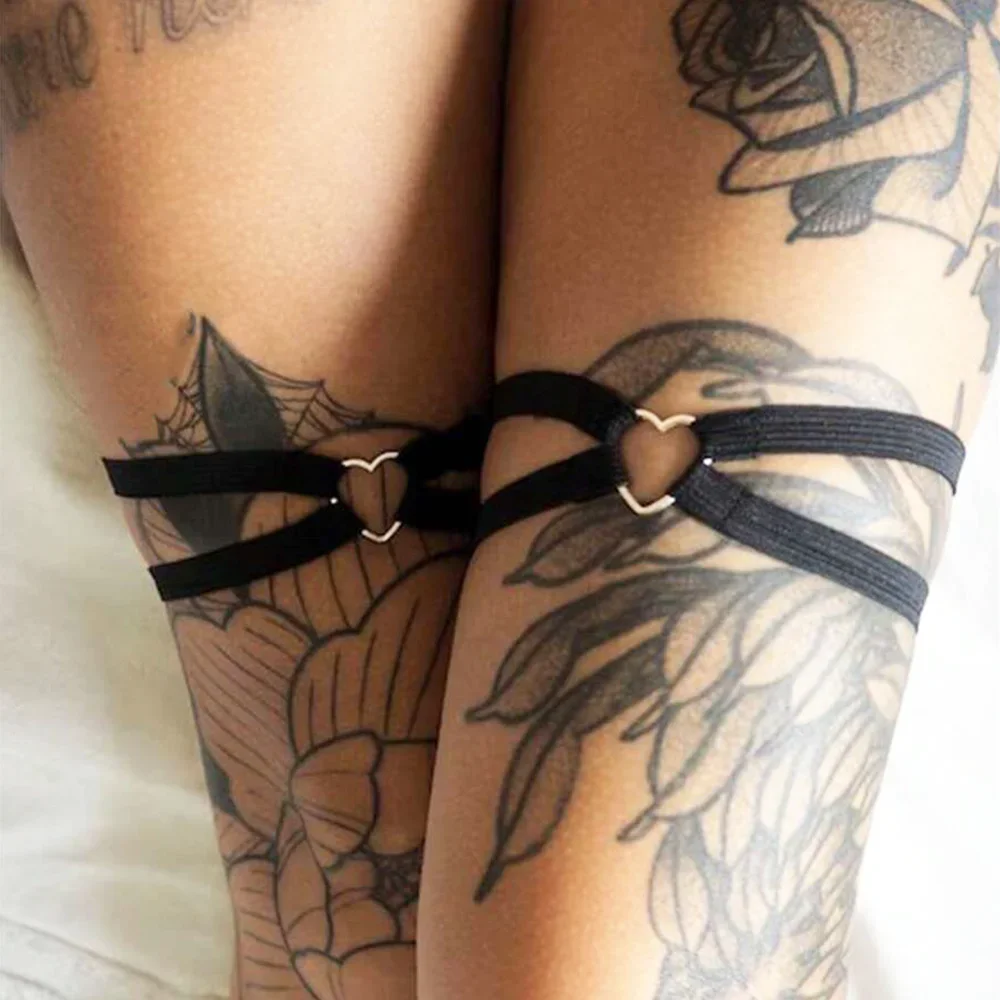 2pcs Women's Black Minimalist Elastic Thigh Band With Adjustable Heart-Shaped Ring Decoration Fashionable Punk Gothic Leg Garter