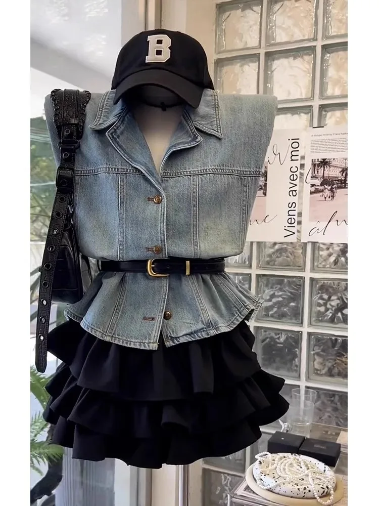 جديد الكورية أزياء الصيف 2 قطعة مجموعات امرأة الزي عارضة أكمام الدنيم قميص أعلى + برعم تنورة صغيرة فتاة حلوة Y2k الشارع الشهير #3