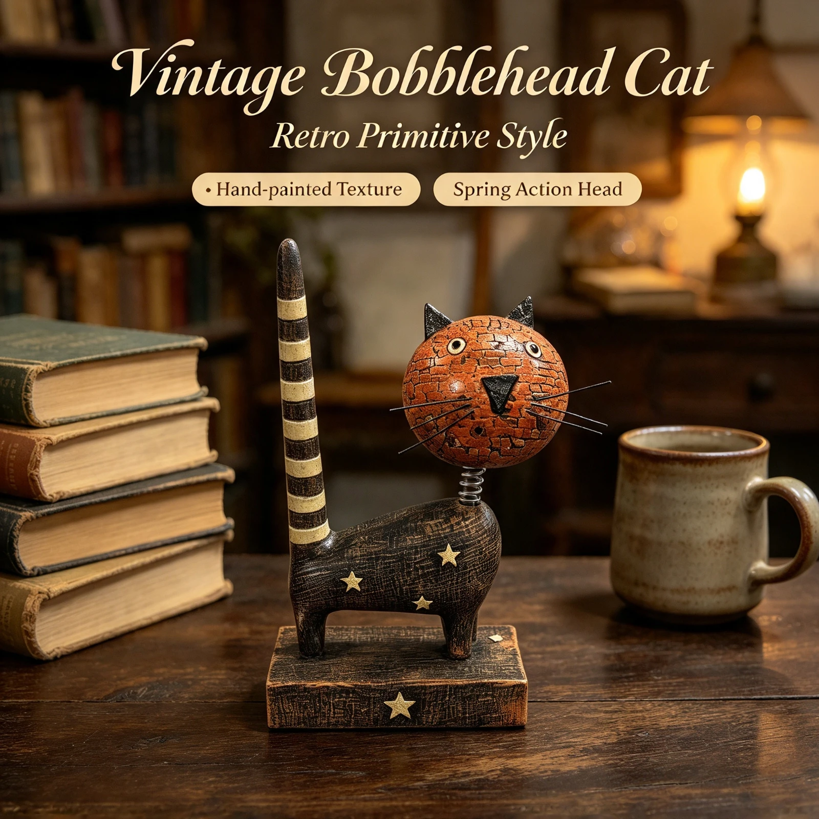 Vintage Wooden Cat Statue Resin, Bobblehead Spring Head Retro Animal, Figurine Home Office Table Desktop, Decor Gift Ornament