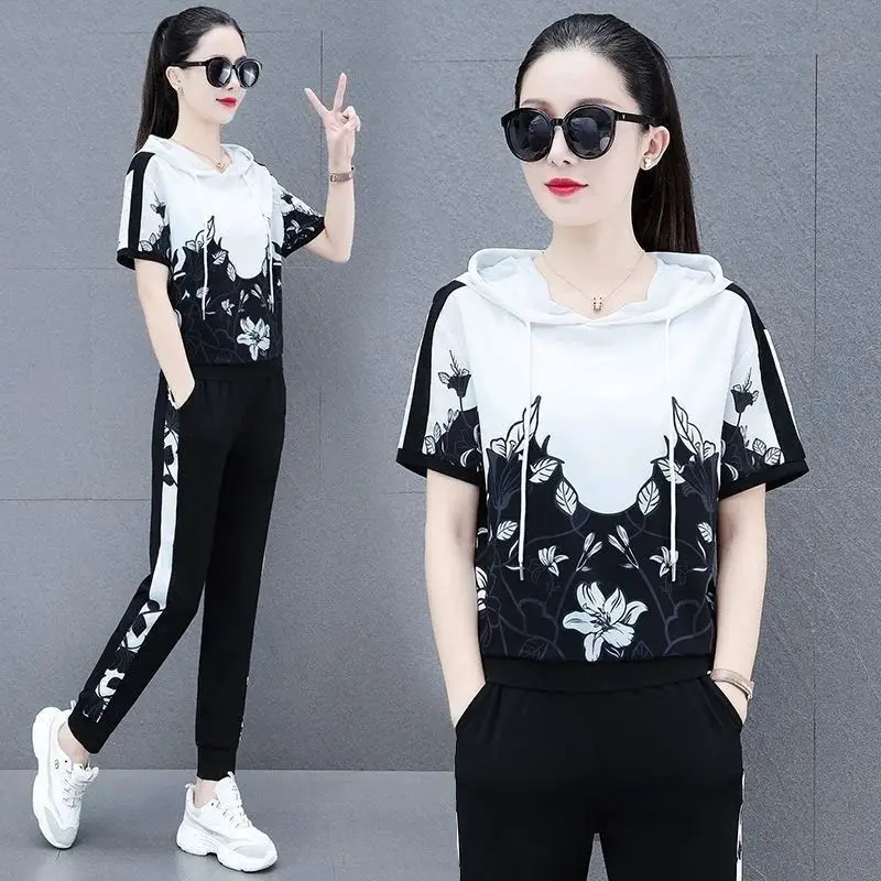 

Women's Fashion Office Suit 2023 Summer New Style Slim Pencil Pants Hooded Crop Top Two Piece Set Women Blouse Clothing Outfits