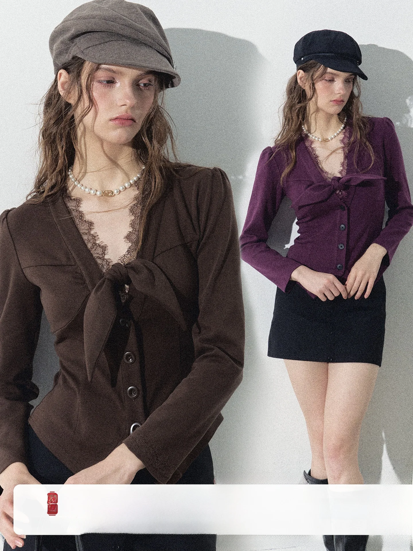 

Romantic Escape Opera Phan Retro Knitted irt Lace Trim V-ne Slim Fit Cotton Long Sve Women's Casual Top