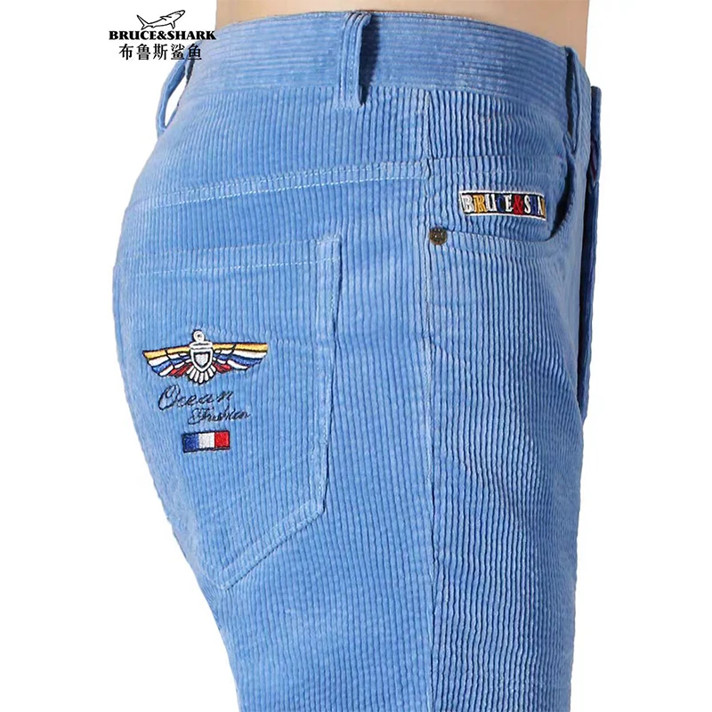 

Winter Men's Khaki Trousers Thicken Bruce&Shark Straight Stretch Men's Corduroy Pants Embroidered Mid Waist Pants Big Size 40