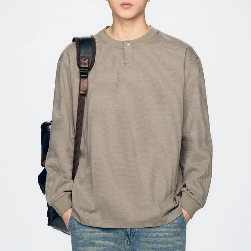 2026 Spring New Henry Neck Long Sleeve T-Shirt Men's Loose Commuter T-Shirt Top