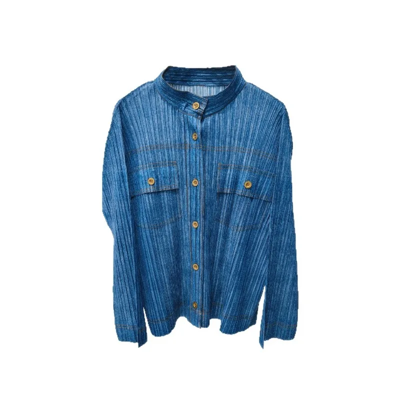 Miyake Pleated Retro Denim Suit for Women Loose Fashion New Casual Two-Piece Set Slimming Commuter Long Sleeve Two-Piece Set
