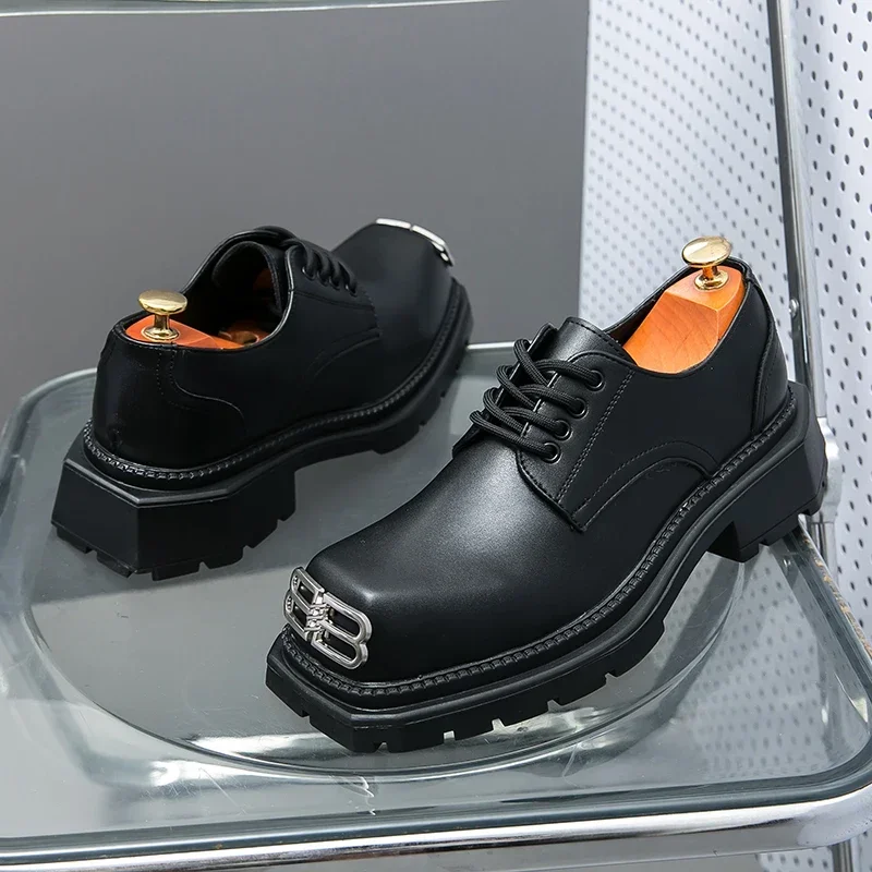 Mocasines negros con plataforma para hombre, zapatos de vestir con punta redonda, de cuero sólido, de diseñador de lujo