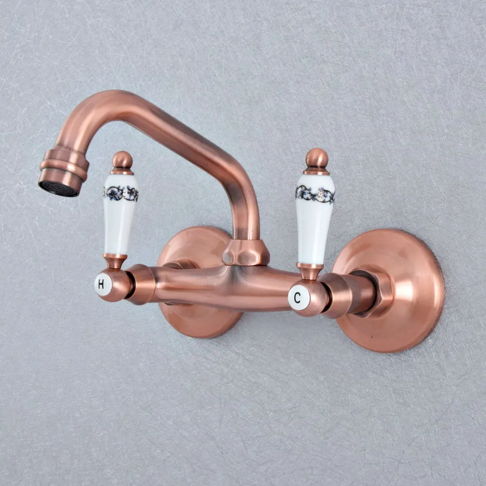 

Antique Red Copper Brass Wall Mounted Kitchen Wet Bar Bathroom Vessel Basin Sink Hot Cold Mixer Tap Swivel Spout Faucet msf869