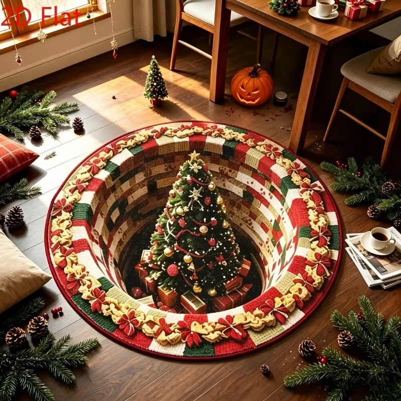 Round Christmas 3D Pit Illusion Area Rug, Snowy Winter Village House Pine Tree Print Holiday Home Floor Rug