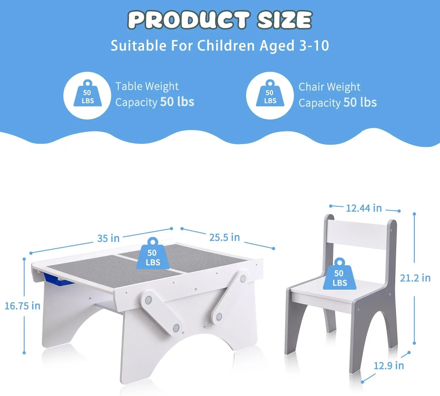 Juego de mesa para niños pequeños de 35" de ancho y 2 sillas con cajón de almacenamiento, escritorio de actividades de madera para niños de 3 a 10 años, compatible con la mayoría de los construcciones