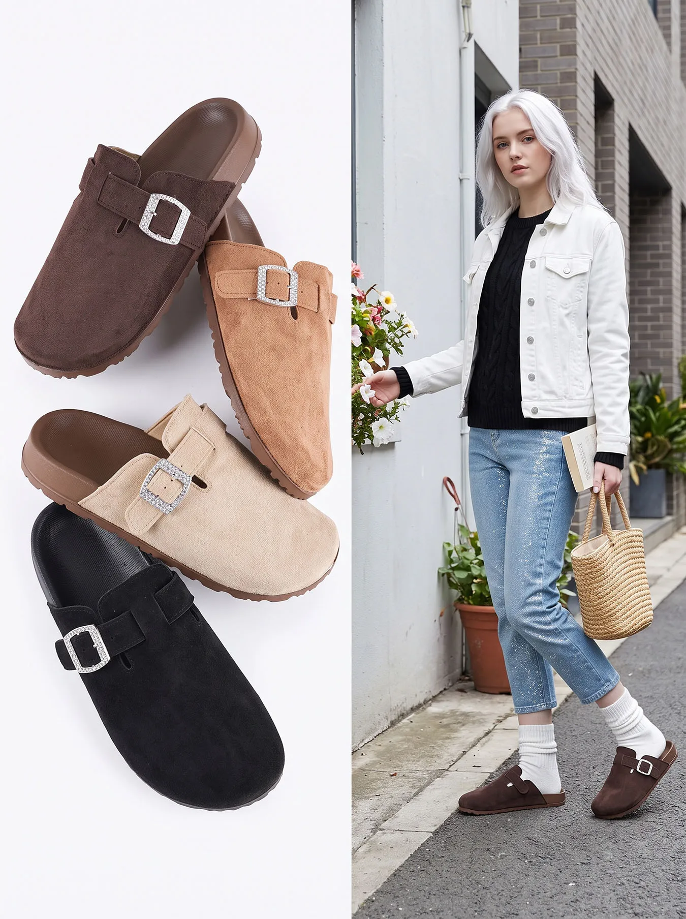 All Seasons Women Casual Slip On Mules Solid Color Round Toe Comfort Fabric Upper Outdoor Walking Shoes
