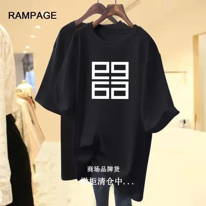 Lady Basic Pullover Summer Pure Cotton Short Sleeve O-neck Loose T-shirt Lady Chic Geometric Printed Casual Top Tees