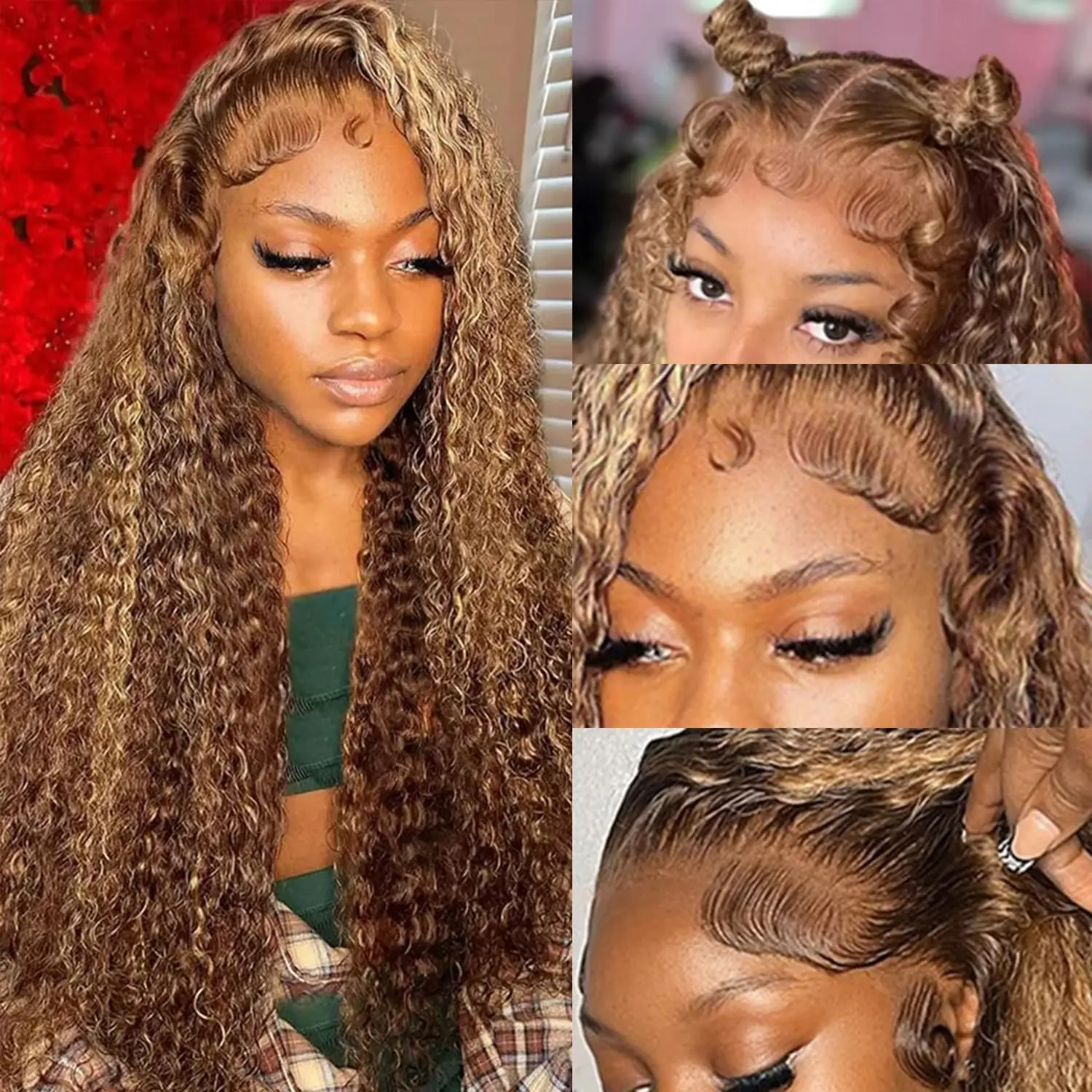 

Highlight Ombre Curly Lace Front Wig Human Hair 5/27 Color 13x4 HD Transparent Lace Front Wig Pre bleached with Natural Hairline