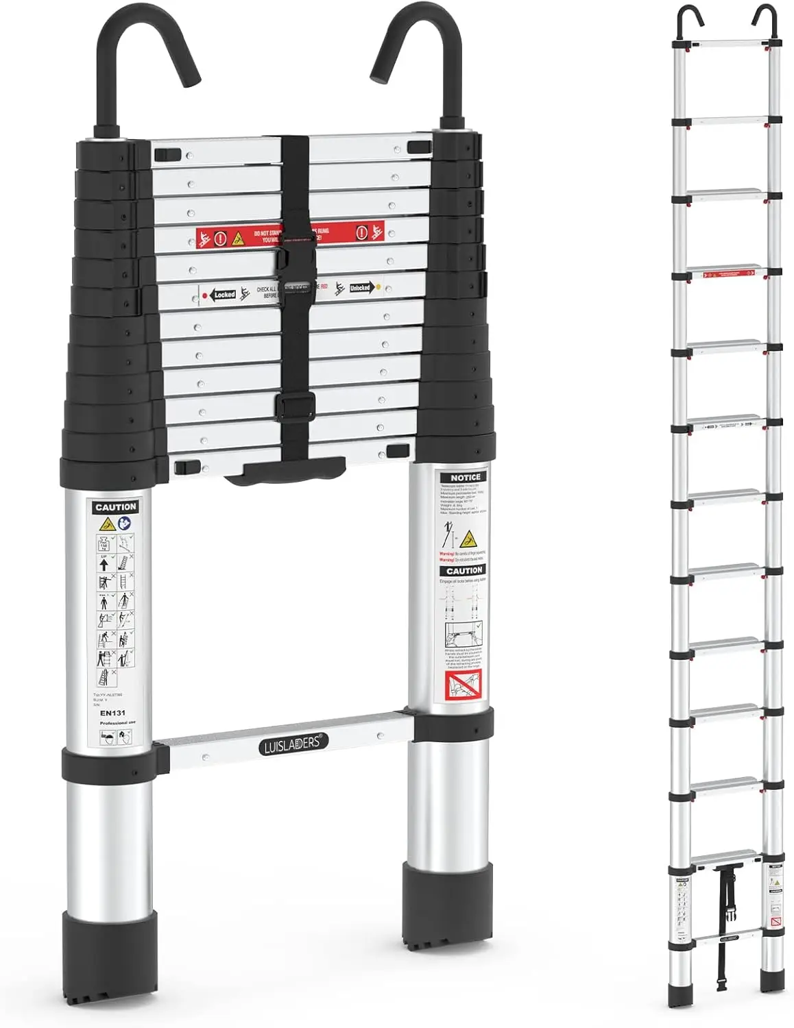 

12.5ft Telescoping Ladder, Aluminum Telescopic Extension Ladder One-Button Retraction with Hooks EN131 330lbs Max Capacity