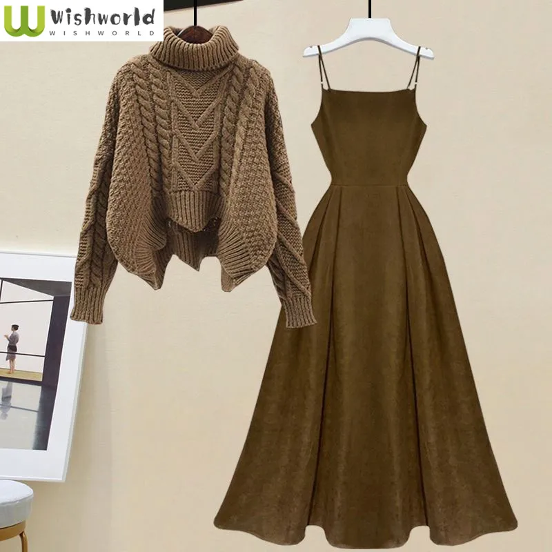 

Spring and Autumn Set Women's 2023 New Waist Shrinking and Age Reducing Knitted Shirt Top Hanging Dress Two Piece Set