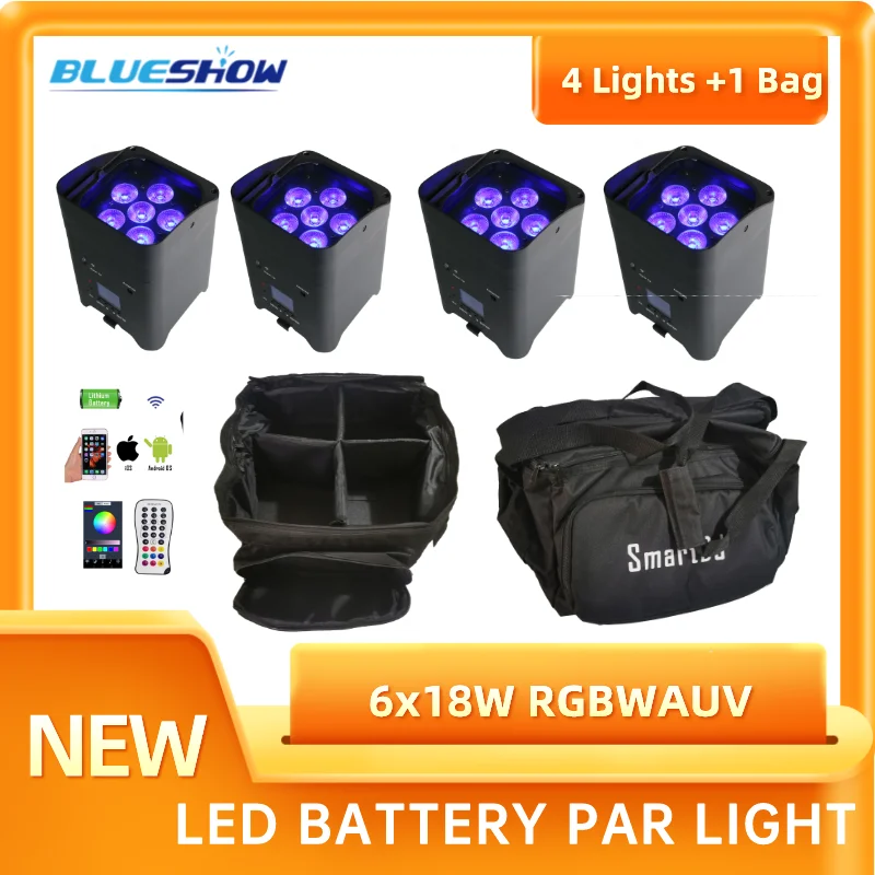 

4pcs Wireless Battery Par Light with Bag 6x18W RGBWAUV 6IN1 Remote Portable Par LED Stage Effect Light