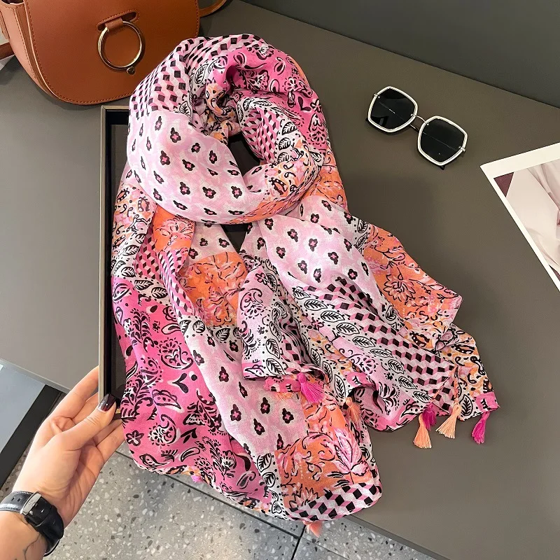 Spain Luxury Fashion Floral Dot Tassel Viscose Shawl Scarf High Quality Wrap Thin Pashmina Stole Bufandas Muslim Hijab 180*90Cm