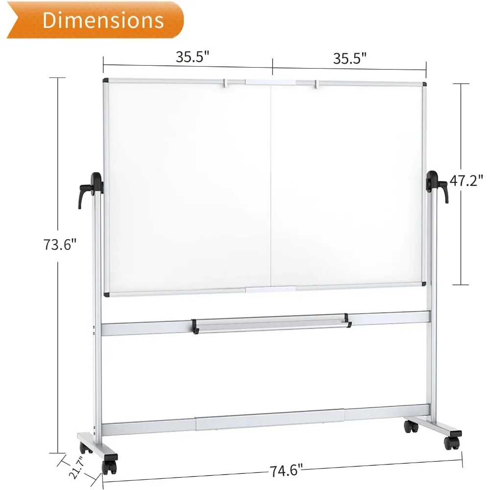 Double-Sided Mobile Whiteboard, 72 x 48 Inches, Magnetic Rolling Dry Erase White Board on Wheels with Aluminium Frame and Stand